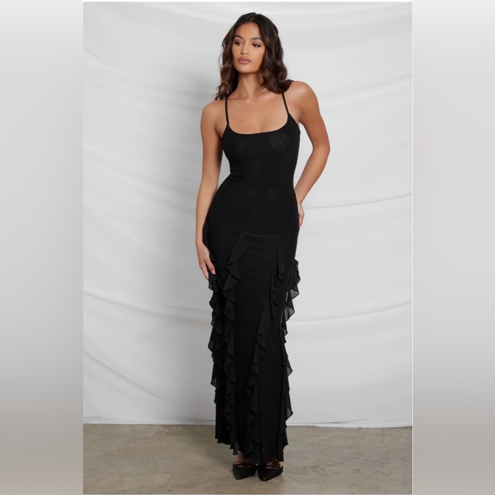 LEAU RODEO RUFFLE MESH MAXI DRESS BLACK - Picture 2 of 3